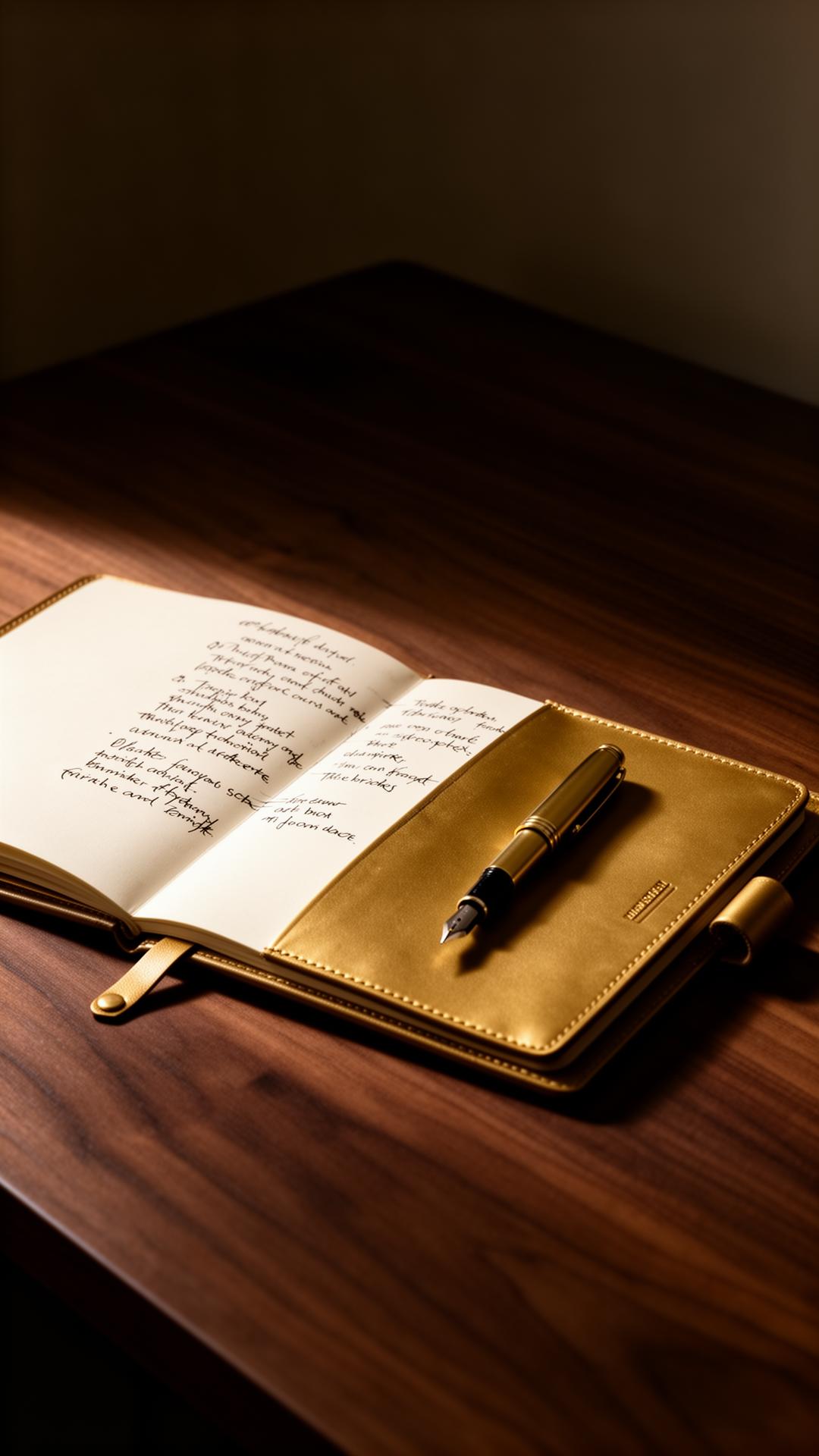 Werkplek met notitieboek en vulpen